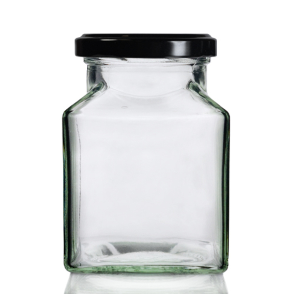 Vasetto di vetro quadrato da 200 ml con coperchio nero da 53 mm