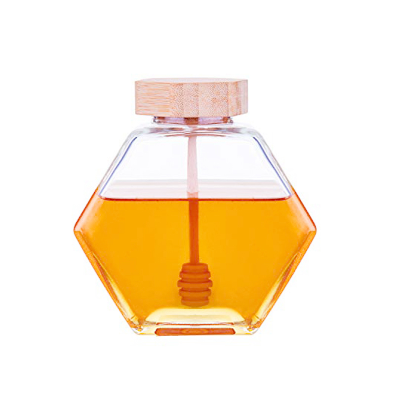 280ml Vertical Thickened Six-sided Flat Hexagonal 9.5oz Standing Glass Honey Cell Jar with bamboo lid3