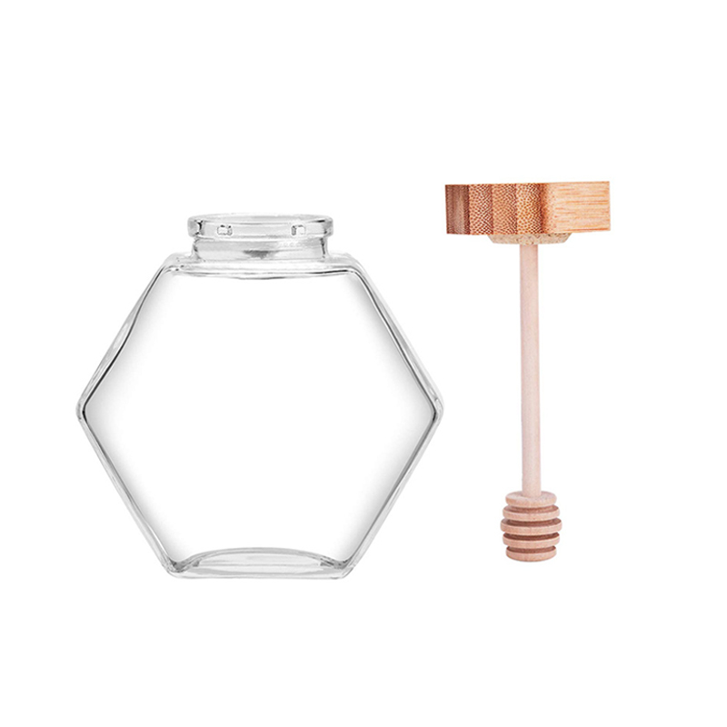 280ml Vertical Thickened Six-sided Flat Hexagonal 9.5oz Standing Glass Honey Cell Jar with bamboo lid4