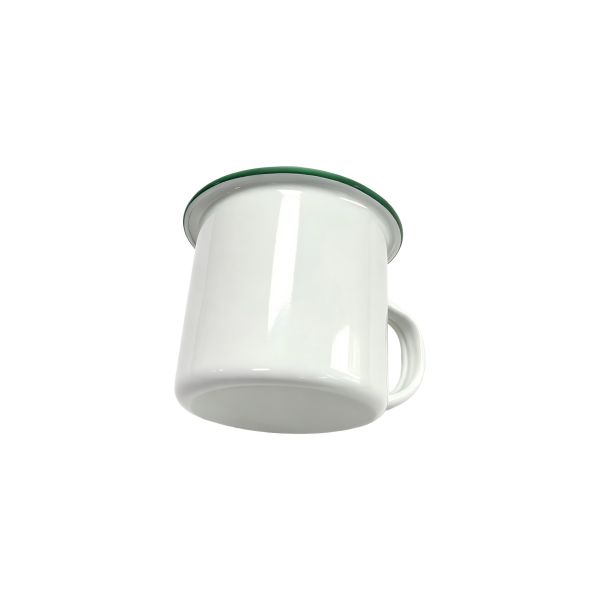 300ml White Enamel Mug With Green Rolled Rim (1)