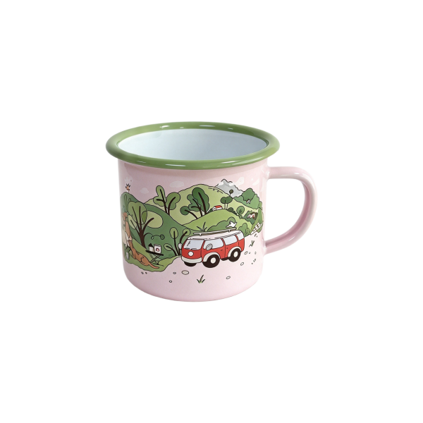 350ml Pastel Pink Enamel Mug with Camping Van Print, Green Rim Enamel Cup (2)