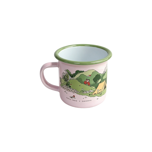 350ml Pastel Pink Enamel Mug with Camping Van Print, Green Rim Enamel Cup (4)