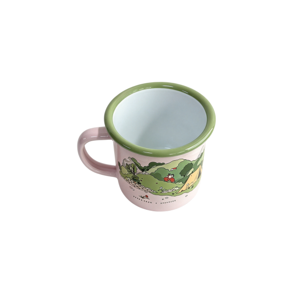 350ml Pastel Pink Enamel Mug with Camping Van Print, Green Rim Enamel Cup (5)