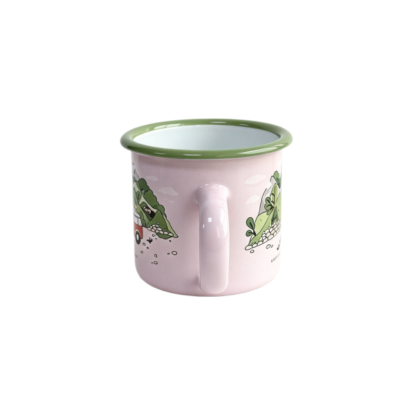 350ml Pastel Pink Enamel Mug with Camping Van Print, Green Rim Enamel Cup (6)