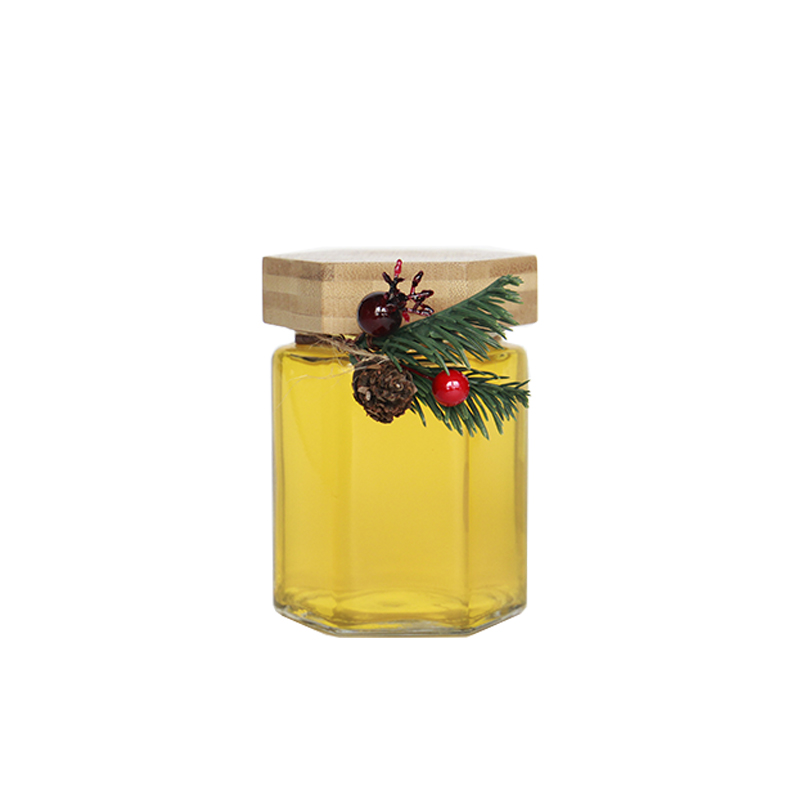 Hexagonal Clear Honey Glass Jar with bamboo lid6