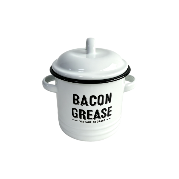 Vintage Enamel Bacon Grease Storage Pot with Lid & Dual Side Handles, 1.2L Kitchen Lard Can (2)