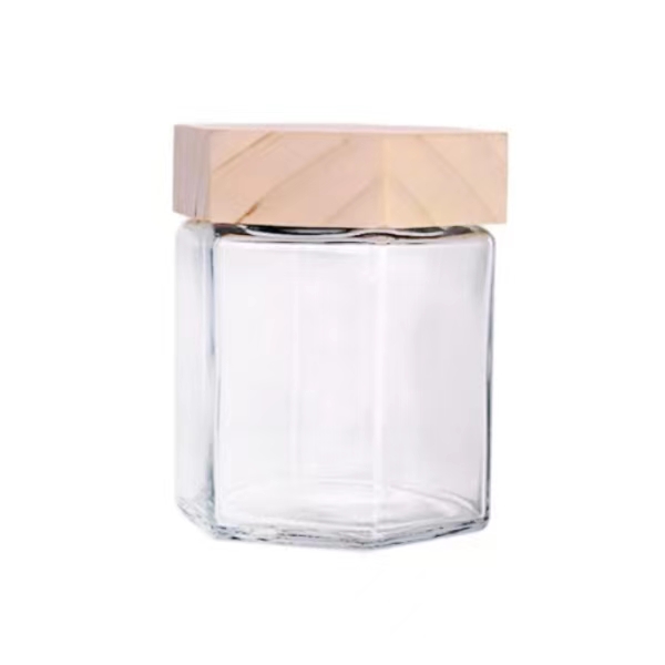 hexagon honey jar with bamboo lid1